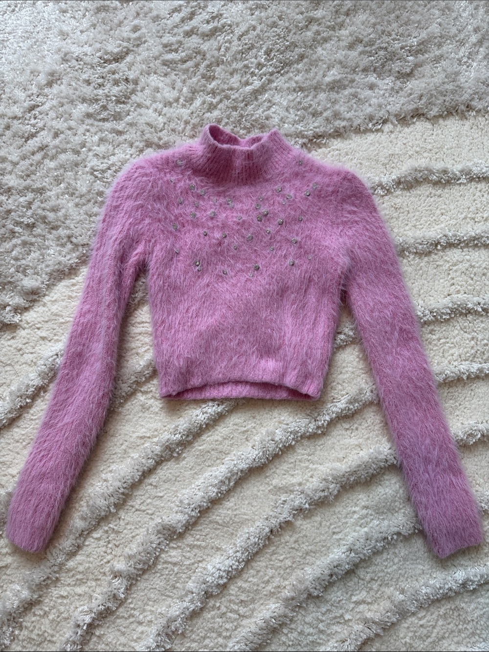 Fuzzy Pink Beaded Cropped Sweater